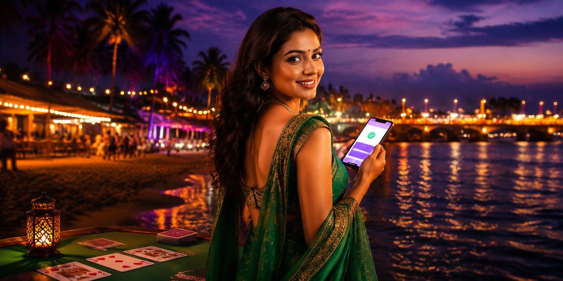 Indian woman enjoying Rummy game on mobile at Goa beach